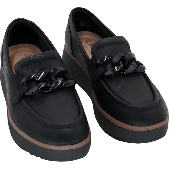 Clarks Zylah May Black Leather Loafer Chain Detail Slip-On Women's US 9M - Picture 1 of 6